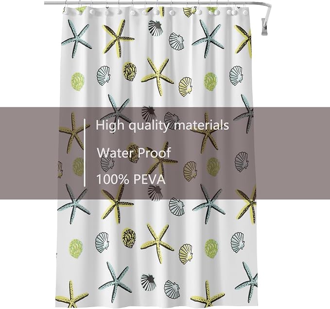 TIKABC Shower Curtain Liner, 4G PEVA Starfish Shower Liner, Plastic Waterproof Shower Curtains, 72x72 inch with Grommet Holes 3 Magnetic Weights