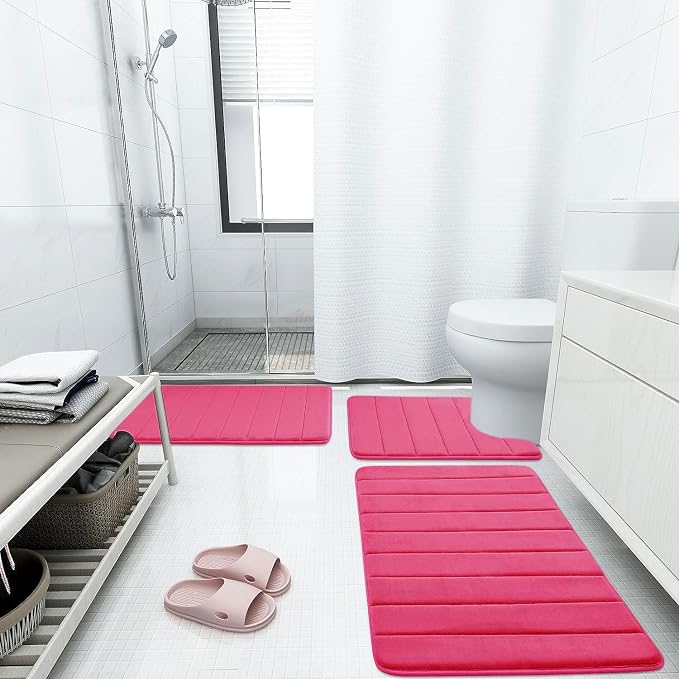 Buganda Memory Foam Bath Mat 35.4 x 24, Ultra Soft Absorbent Bathroom Rugs | Deep Pink, Machine Washable Quick Dry Bath Mats for Bathroom Floor, Shower and Tub, Home Decor Accessories