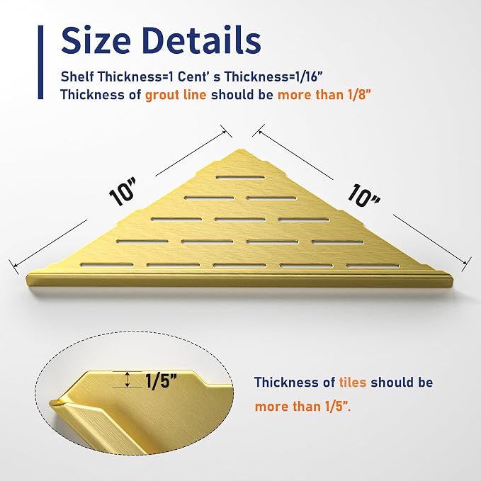 Corner Shower Shelf 10", Gold | 304 Stainless Steel Bathroom Shelf for Tiled Wall, Grout in Shelves, 2 Pack