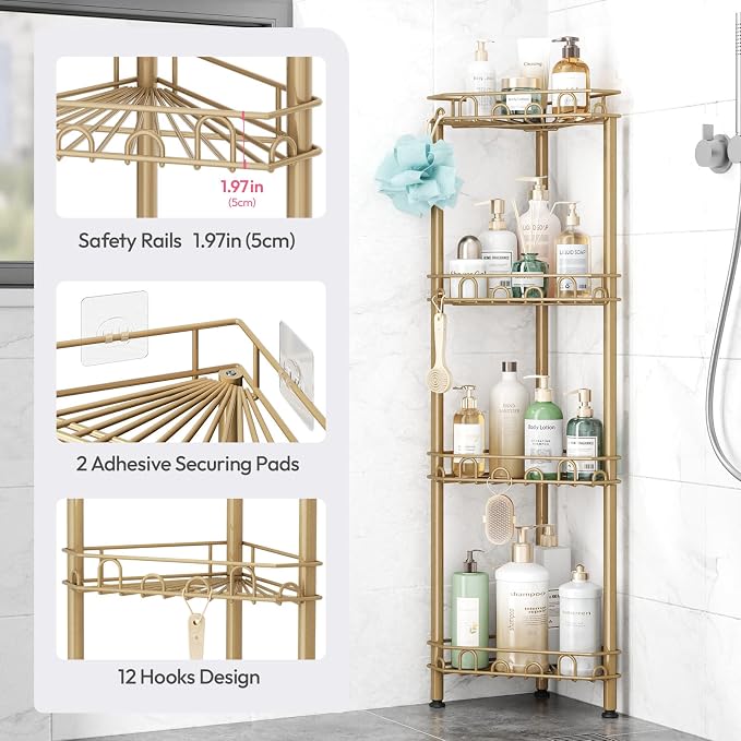 SWTYMIKI Standing Shower Caddy Corner - 4‑Tier Stainless Steel Shower Organizer Shelf with 12 Hooks and Adhesive Pads, Rustproof Corner Shelves Stand Rack for Bathroom Shower Room, Gold