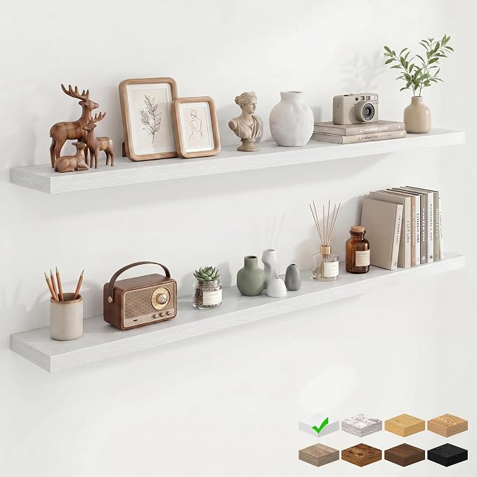72in Floating Shelves for Wall, 72"W x 9.25"D x 1.5"H, White, 2Pcs | Long Wall Mounted Engineered Wood Shelves with Invisible Brackets for Living Room, Bedroom, Bathroom, Kitchen, 9.25in Depth