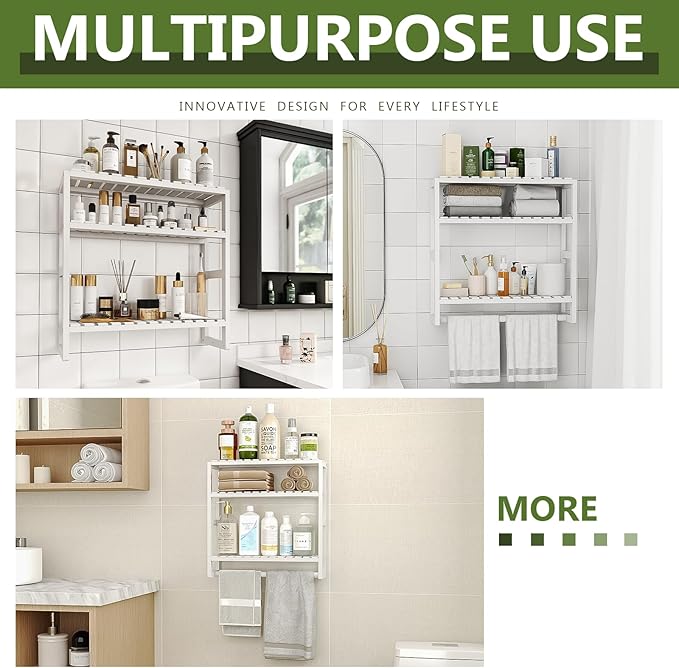 Galood Over The Toilet Storage Bathroom Shelves Wall Mounted 3 Tier White | Space Saver Corner Shelf Organizer Bamboo Towel Rack Toilet Paper Cabinet with Hanging Rod