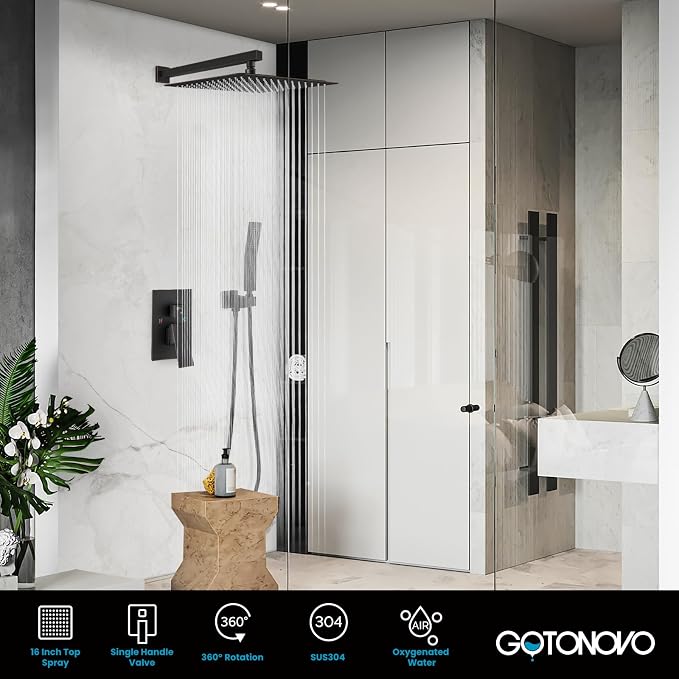 gotonovo Shower Faucet Set with Handheld Spray Oil Rubbed Bronze,16'' Head | SUS304 Rainfall Shower Head and Handle Set System Fixture,Pressure Balance Valve Trim Kit,Single Handle,Wall Mount,All Metal
