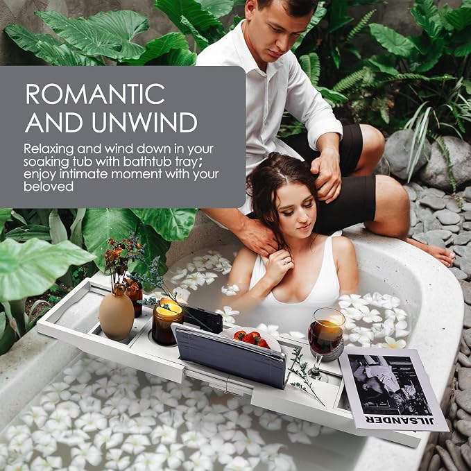 Foldable Bathtub Tray Caddy with Soap Dish Adjustable 29.5-43''White | Bamboo Bath Table Trays with Non-slip Pads, Wine Glass Holder, Adjustable Tablet Book Stand, Spa Bath Essentials Organizer