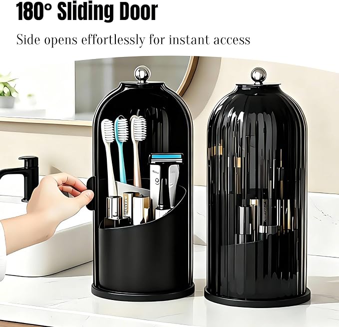 JEESA Dustproof Toothbrush Holder with Cover, All Black | 360° Rotating, 180° Sliding Lid, 3 Slots, Toothbrush Organizer, for Bathroom Countertop