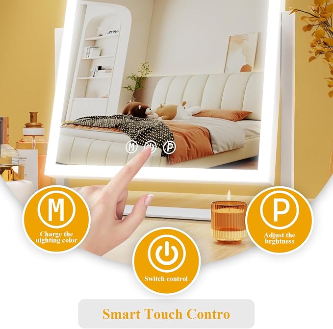 Gvnkvn Lighted Makeup Mirror, 17.2"x13.6" Hollywood Vanity Mirror with Lights, Three Color Modes, Smart Touch Control, 360°Rotation,with 5X Magnifying Glass