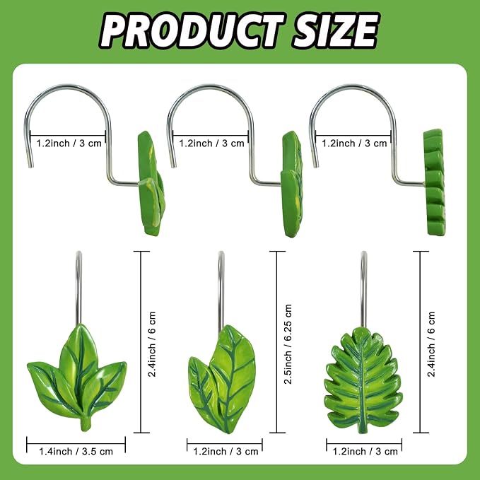 12-Piece Green Leaves Leaf Shower Curtain Hooks for Bathroom | Decorative Shower Curtain Hooks, Stainless Steel Shower Hangers Rings