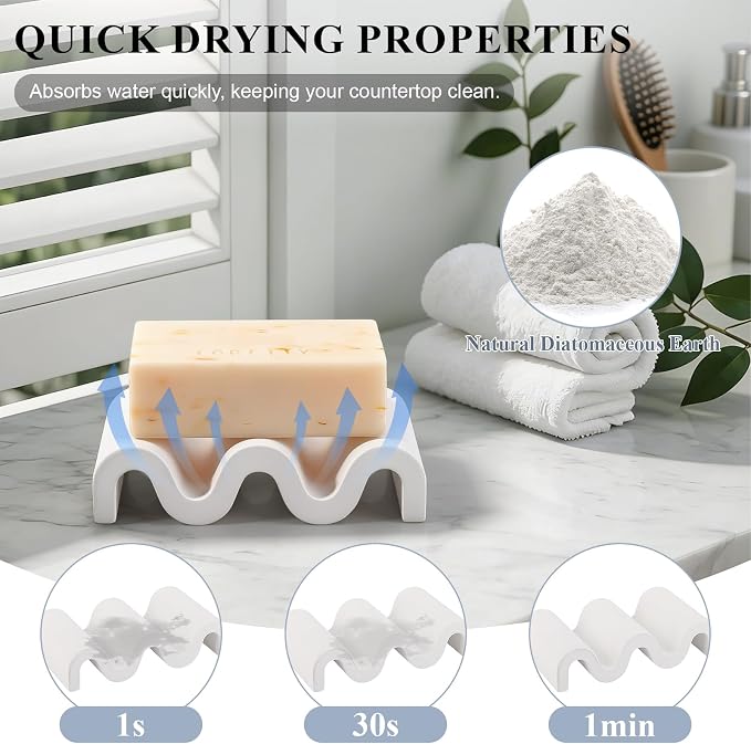 Diatomite Soap Dish Bar Soap Holder Wave Texture Sponge Tray, White | Quick Drying, Self Draining Design Helps Keep Bar Soap Dry for Bathroom Sink, Shower & Kitchen