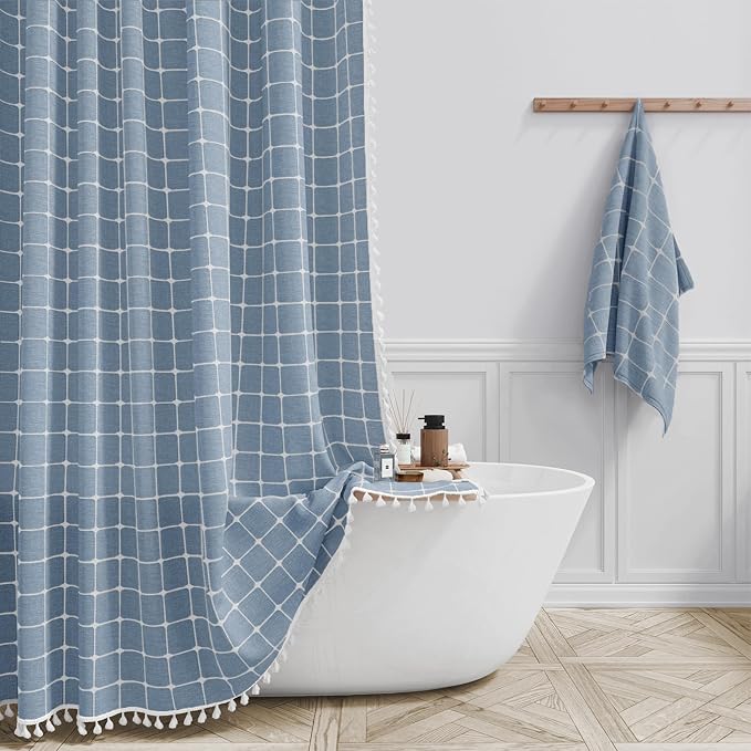 60x84 Boho Farmhouse Linen Heavy Duty Fabric Shower Curtain Set, Blue | Narrow Long Size, 330GSM Linen Blend, 3-side Tassels, Water Repellent Cloth, 10 Hooks, Rustic Bohemian, Machine Washable