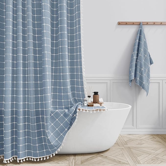 84x72 Boho Farmhouse Linen Heavy Duty Fabric Shower Curtain Set, Blue | Wide Size, 330GSM Linen Blend, 3-side Tassels, Water Repellent Cloth, 14 Plastic Hooks, Rustic Bohemian, Machine Washable