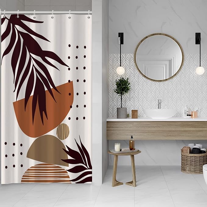 Mid Century Terracotta Shower Curtain for Bathroom 54x72 Inch | Waterproof Abstract Dark Brown Leaves Shower Curtain Set, Soft Boho Bathroom Decor, Machine Washable