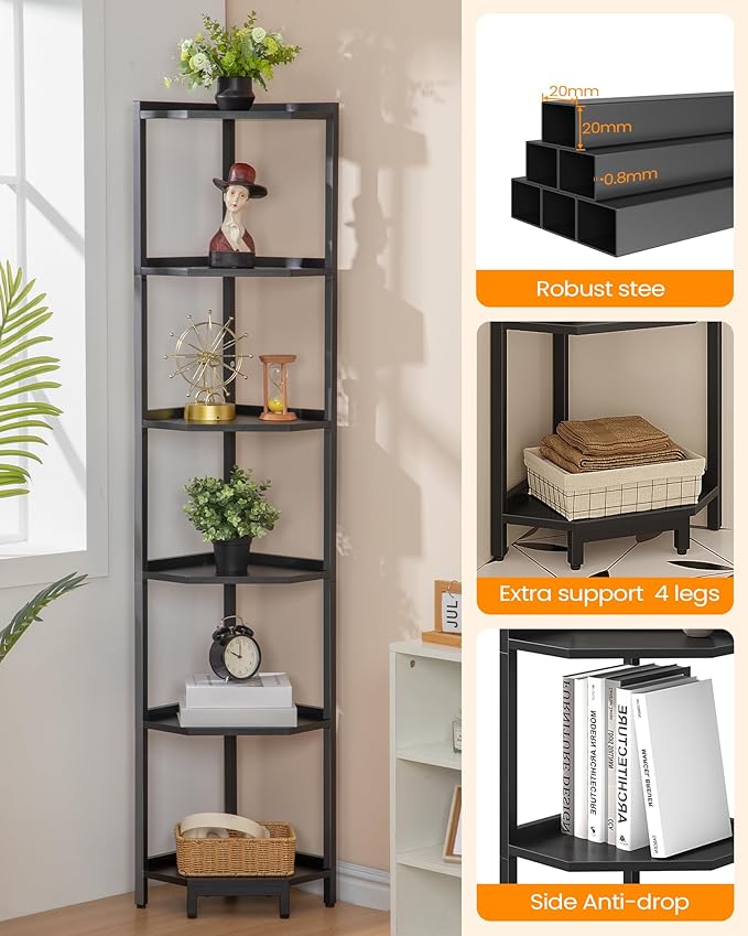 Hzuaneri Corner Shelf Stand 6-Tier Corner Bookshelf Storage Standing Shelf | Bookcase Plant Stand with Metal Frame for Living Room, Home Office, Bedroom, Black CS06006B