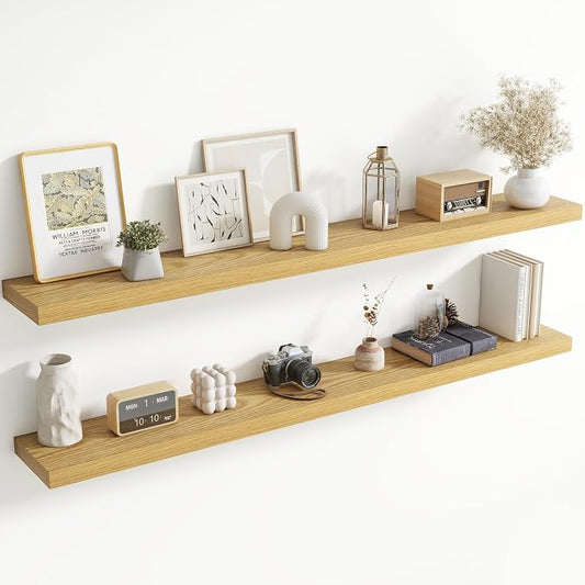 72 Inch Floating Shelves for Wall, 8 Inch Deep, Invisible Brackets, Oak | Rustic Wall Mounted Shelf, Storage & Display, Wooden Shelves for Living Room, Kitchen, Bathroom and Home Decor, Set of 2