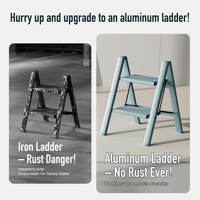 Mayi Plus 2 Step Stool Foldable, Aluminum, Lightweight Step Ladder | Extra-wide anti-slip folding steps with 330 lbs, for home,kitchen,office,outdoor,Blue