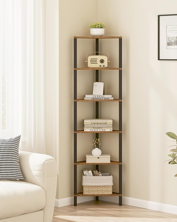 TUTOTAK Corner Shelf, 6-Tier Corner Bookshelf for Small Space | Narrow Display Corner Shelf Stand with Storage Rack, for Living Room, Bedroom, Rustic Brown BS05BB006