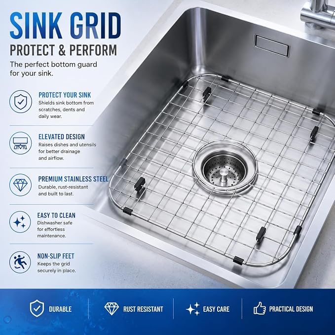 2-Pack Stainless Steel Kitchen Sink Bottom Grid (13.2" x 11.6") with Central Drain Hole — Rust-Resistant Sink Protector + 2 Sink Strainers