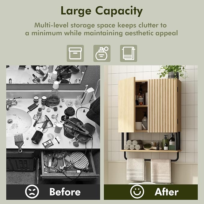 RUSTOWN Fluted Bathroom Wall Cabinet with 2 Doors, 3-Tier Medicine Cabinet | Modern Farmhouse Wall Mounted Cabinets, Over The Toilet Storage Cabinet, Adjustable Shelf and Towel Bar, Medium