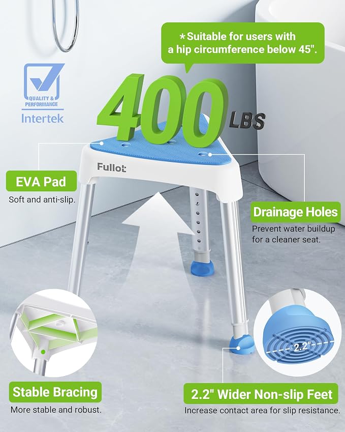 FULLOT Space-Saving Triangular Shower Chair for Inside Shower, 400 lbs | Adjustable Shower Seat for Elderly & Disabled, 9s No-Tool Setup, Stable-Bracing, Non-Slip Feet, Thick Legs, FSA/HSA Eligible