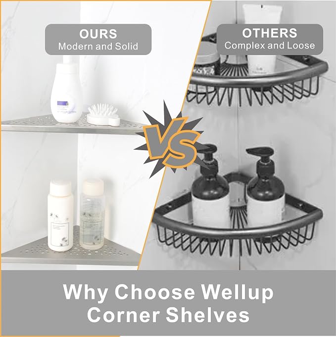 WELLUP Corner Shower Shelf Brushed Nickel 2 Pack,10" Shelf for Tiled Wall | 304 Stainless Steel Shower Corner Shelf,Corner Shower Shelf for 90°Tiled Wall,15 lbs Capacity,Hollowed Drainage,Easy Install