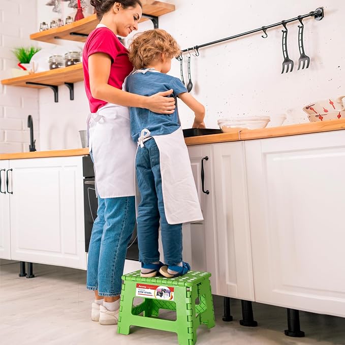 Folding Step Stool 9 Inch for Kids and Adults, 300 lbs, Green | Lightweight Plastic Small Foldable Step Stool with Handle, Non-Slip, for Kitchen, Bathroom, Bedroom and Closet