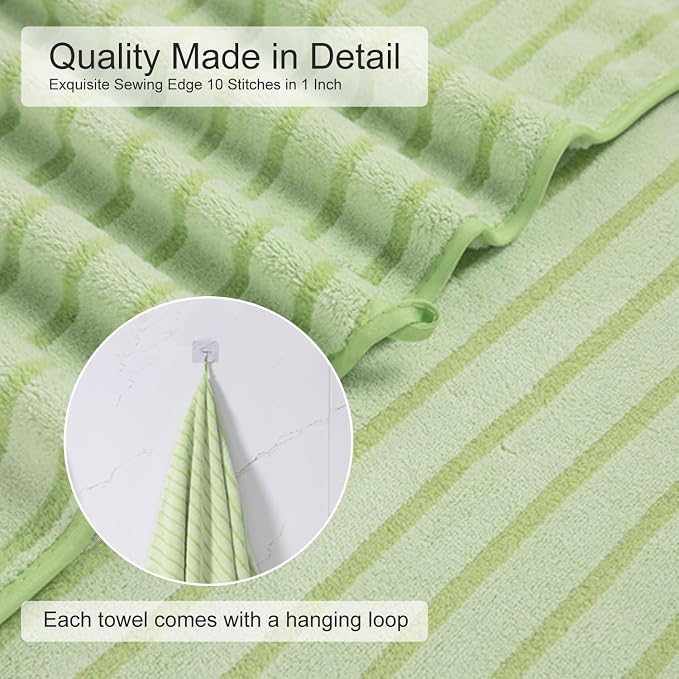 8 Pcs Grass Green Cabana Stripe Large Bath Towel Set - 2 Oversized Bath Sheets, 2 Hand Towels, 4 Washcloths - Soft Jumbo Absorbent Shower Beach Chair Spa Gym Hotel Towels