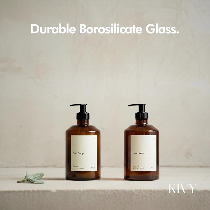 KIVY Glass Soap Dispenser Set [INCL. Waterproof Labels] - Brown Glass Soap Dispenser with Pump - Hand Soap and Dish Soap Set - for Kitchen, Shower & Bathroom (2X 16oz)