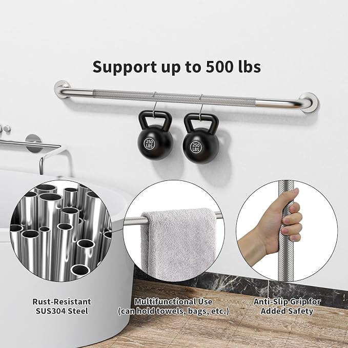40 Inch Anti Slip Handicap Grab Bar, Munzong Bathroom Grab Bar for Showers | Brushed Nickel Toilet Knurled Handicap Balance Bar Safety Hand Rail Support Elderly Senior Assist Bath Handle