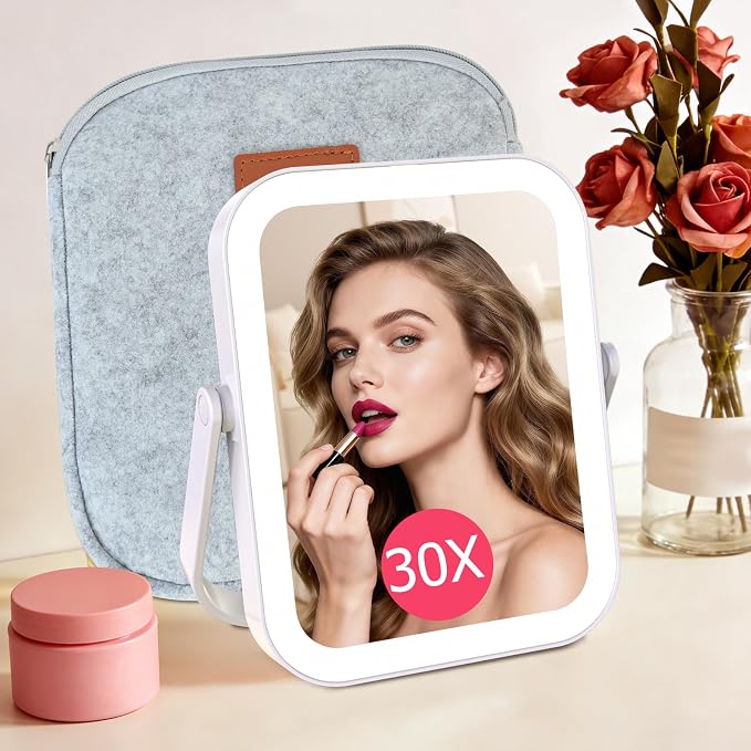 3000mAh Rechargeable Travel Magnifying Mirror with Light, White with Big | 2-Sided 30X Magnifying travel makeup mirror with 3-Color Lighting, Dimmable Touch Screen,Compact Vanity Mirror for Women Gift