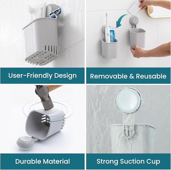 TAILI Suction Cup Toothbrush Holders for Bathroom Wall 2Pack, Gray | Shower Toothbrush and Toothpaste Holder, Drill-Free 1S Installtion, Removable Powerful Suction Cup Organizer, Self-draining