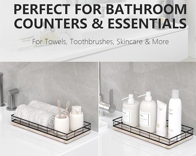 Toilet Paper Basket Organizer, Ash Wood Toilet Tank Tray with Metal Frame | Bathroom Counter Top Storage for Toilet Paper, Wipes & Decor, Modern Narrow Back of Tank Shelf Organizer, Black & Whitewashed