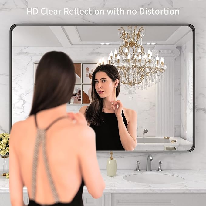 LOAAO 48X30 Inch Black Metal Framed Bathroom Mirror for Wall, Matte Black Bathroom Vanity Mirror Farmhouse, Large Rounded Rectangle Mirror, Anti-Rust, Tempered Glass, Hangs Horizontally or Vertically | Matte Black, Rounded Rectangle, Anti-Rust, Tempere...