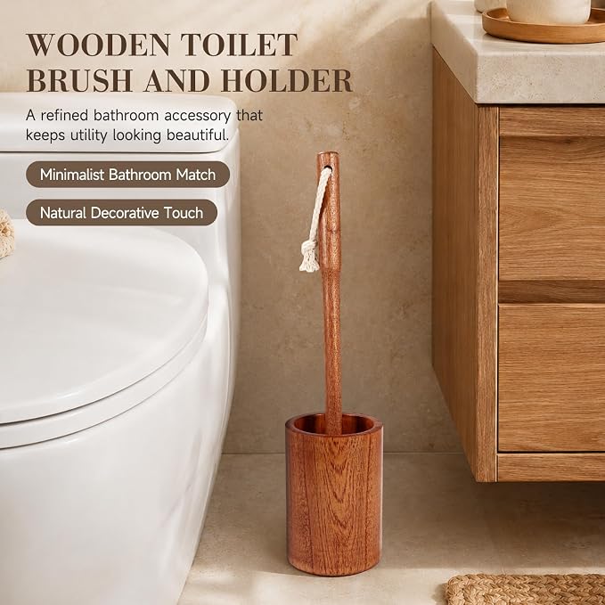 Wooden Toilet Brush and Holder, 13.9'' Long Handle Toilet Scrubber | Durable Ebony Wood, Natural & No Plastic, Moderate Hardness Bristles, No scratch, Stable Holder, Decoration for Bathroom