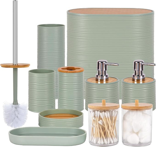 10 PCS Green Bathroom Accessories Set with Trash Can Bathroom Accessory | All-in-One Kit with Trash Can,Toothbrush Holder,Soap Dispenser,Toothbrush Cup,Vanity Tray,Soap Dish,Toilet Brush etc for Home