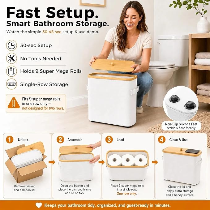 Premium Waterproof Toilet Paper Storage Box with Bamboo Lid - Fits 9 Mega Rolls, 900D Heavy-Duty Fabric Bathroom Organizer Bin with Elevated Base & Handles for Narrow Spaces (17.3"x 6.9"x 15.5")