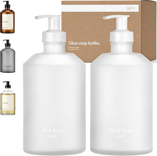KIVY Glass Soap Dispenser Set [INCL. Waterproof Labels] - Glass Soap Dispenser with Pump - Hand Soap and Dish Soap Set - for Kitchen, Shower & Bathroom - Refillable (Matte White)