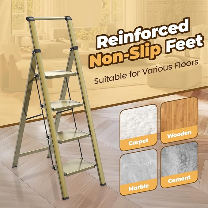 HBTower 4 Step Ladder, Lightweight Aluminum Folding Step Stool | Anti-Slip Wide Pedal, 330lbs Capacity Step Ladder for Household Kitchen Office, Gold