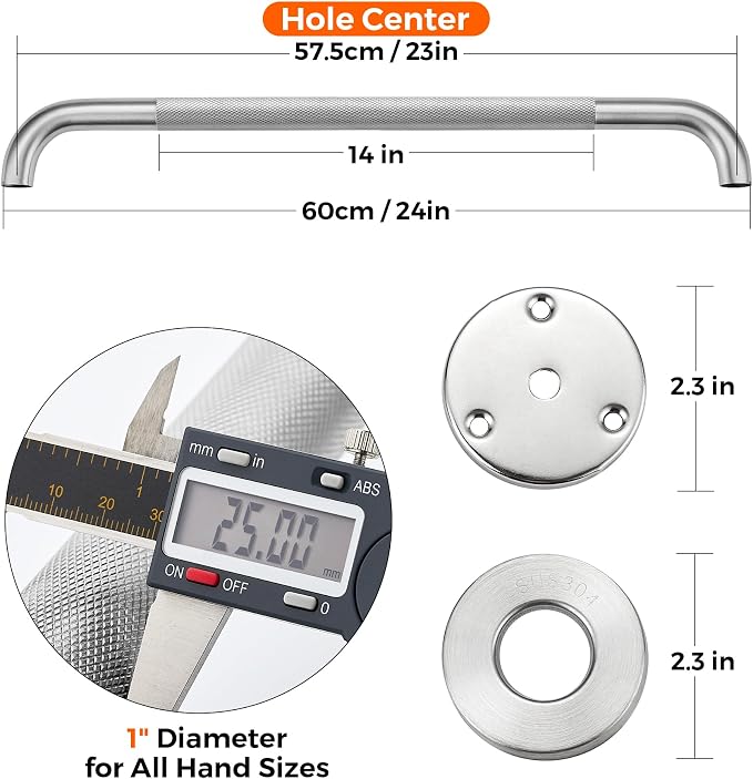 Grab Bars for Shower, 24 Inch Shower Handle, 2 Pack, Brushed Nickel | Grab Bars for Bathroom, Stainless Steel, Anti-Slip Textured Grip, 1-Inch Diameter, Wall-Mounted Safety Support for Seniors