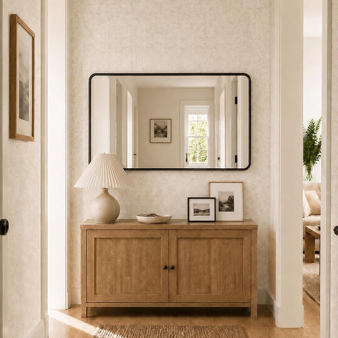 Koonmi 30x55 Inch Black Bathroom Mirror for Over Sink | Wall Mirror for Bathroom Matte Rectangle Metal Deep Framed, Shatterproof Tempered Glass, Hang Vertically or Horizontally