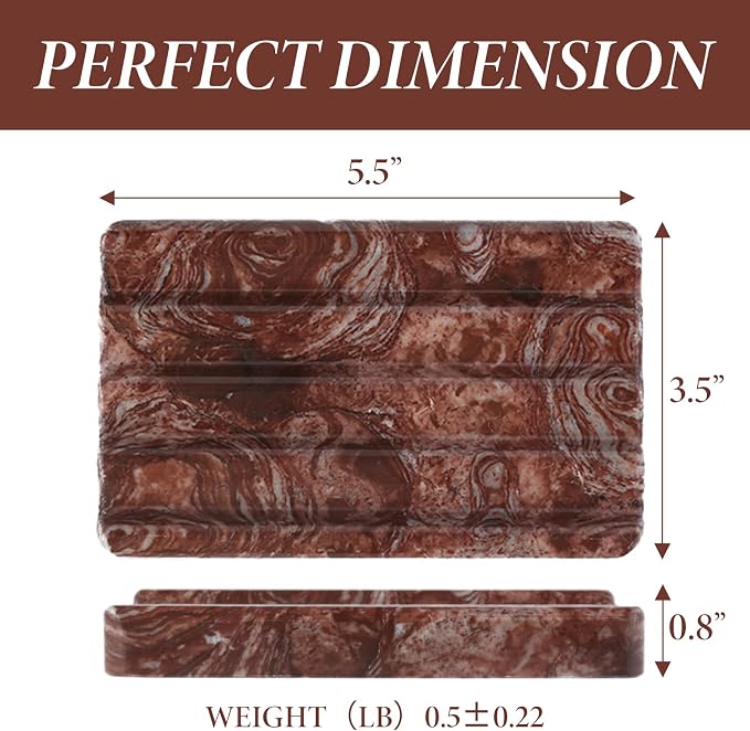 Natural Marble Soap Dish for Shower, Red Marble Soap Tray for Bathroom, Bar Soap Holder for Sink, Stripe Grooves Saver Stone Soap Dish Keep Soap Bars Dry Easy Clean(Red Storm)