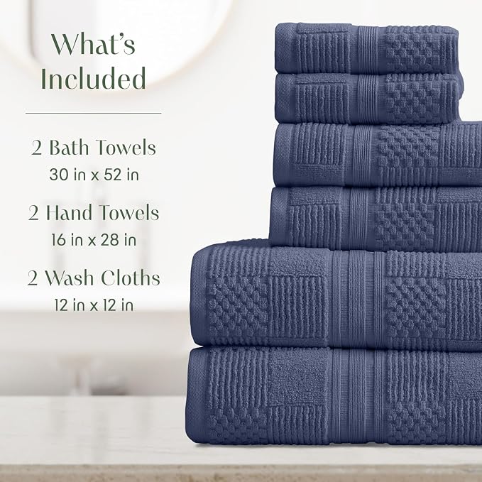 100% Cotton Bath Towel Set | 6-Piece Set | Textured Indigo | Luxury Geometric Design | Absorbent & Quick-Dry Bathroom Towels | Textured and Durable Cotton Towels for Bathroom | OEKO-TEX