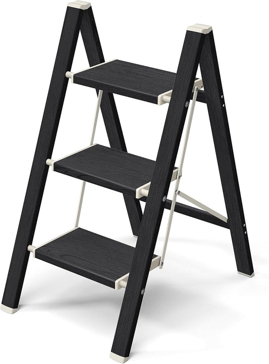 Mayi Plus 3 Step Stool Foldable, Aluminum, Lightweight Step Ladder | Extra-wide anti-slip folding steps with 330 lbs, for home,kitchen,office,outdoor,Ebony woodgrain