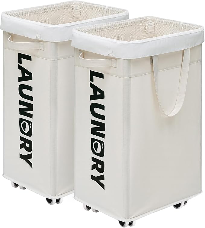 CHICVITA 75L Laundry Basket with Wheels & Handle 2-Pack, Wash Bags, White | Collapsible rolling laundry baskets for dorms and corners. Removable wash bags, easy-carry handles