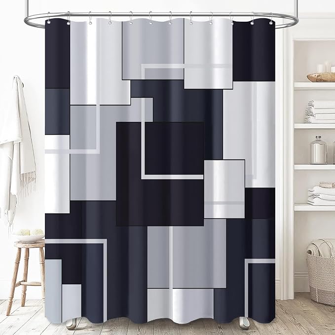 54 x 78 Modern Geometric Waterproof Fabric Shower Curtain Set, Black | Narrow Long, Premium Polyester, Weighted Hem, 10 Plastic Hook, Vibrant Color, Wrinkle-resistant, Quick-Dry, Machine Washable