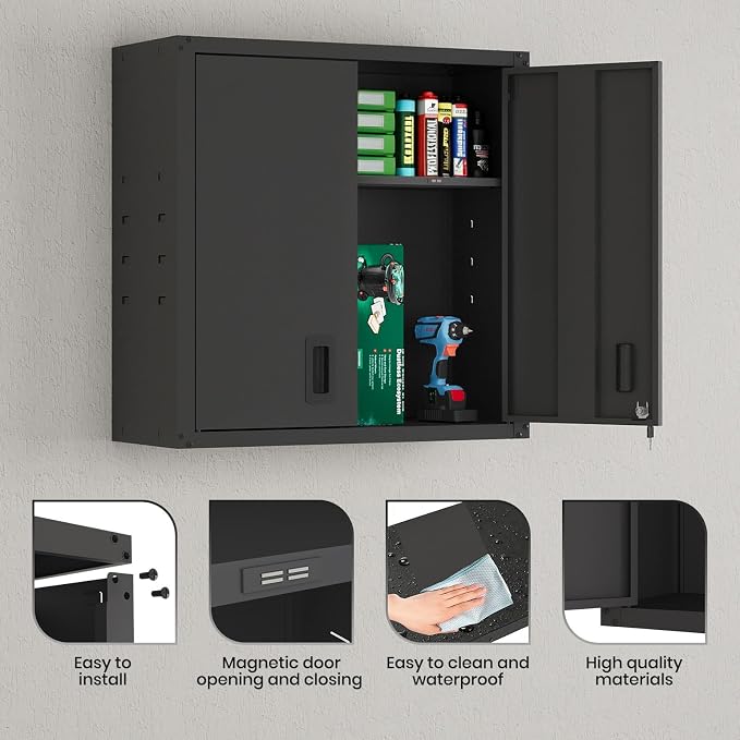 30 Inch Metal Wall Cabinet, Metal Wall Cabinet for Garage, 2pcs,Black | Wall Mount Cabinet with Lock and Adjustable Shelf, Lockable Storage Cabinet for Home Office,Garage,Gym,School