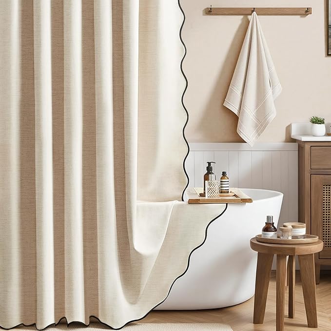 Beige Boho Scalloped Linen Textured Cloth Shower Curtain, 72x72, Cream | 230GSM Waterproof Polyester, Heavy Duty Fabric, 12 Plastic Hooks, Modern Farmhouse Style, Machine Washable, Bathroom Decor