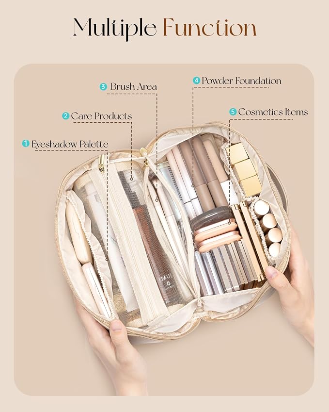 VLANDO Travel Makeup Bag with 180°Opening, Women Toiletry Case,Toffee | Waterproof PU Leather with Zip TPU Pocket,Separate Brush Pouch,Travel Essentials,Skincare,Brushes Organizer,Gifts for Women