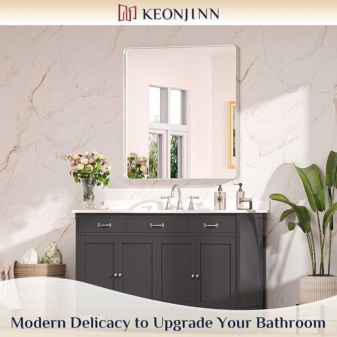 Keonjinn 32 x 36 Inch Brushed Nickel Bathroom Mirrors for Over Sink | HD Tempered Glass, Silver Vanity Mirror, Rust-Resistant Aluminum Frame, Rounded Rectangle, French Cleat Mount, Home Décor