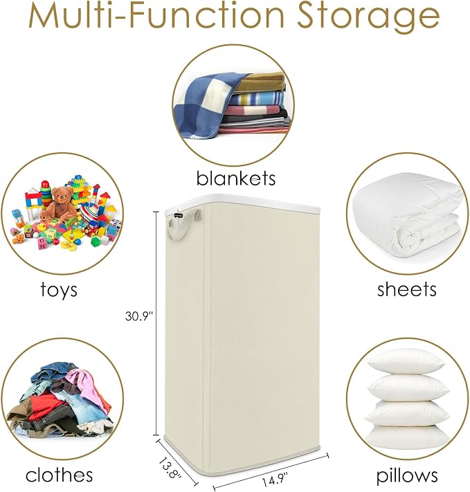 Extra Large Laundry Hamper, Folding 100L Laundry Basket, Beige | Dirty Clothes Hamper for Bedroom, Tall Hamper, Sturdy Storage Organizer for Clothes and Toys