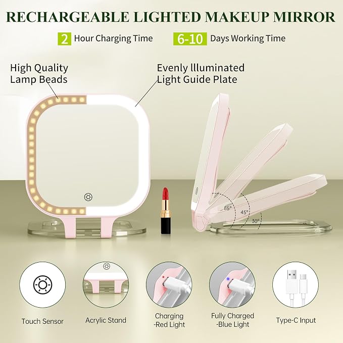 FUNTOUCH Rechargeable 7" Travel Makeup Mirror 30X Magnification,Pink | Double Sided Magnifying Mirror with Tweezers/Hook/Bag, 3 Color Lights & Adjustable Brightness, 300°Rotation , Gift for Women