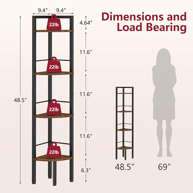 Corner Shelf Stand 4 Tier 48.5" with Metal Frame, Rustic Brown | Industrial Small Corner Shelf Narrow, Multipurpose Tall Corner Bookshelf, Corner Table Bedroom, Living Room, Office, Kitchen